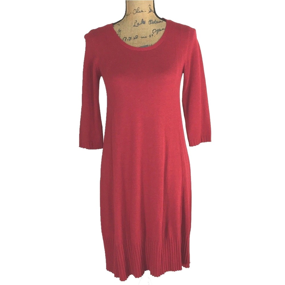 J. Jill Dress XS P Dark Red Sweater Rib Hem Stretch 3/4 Sl Wool Bl Scoop Comfy‎